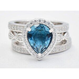 Genuine 3.46 Cts Blue Zircon & White Sapphire Ring Set .925 Silver